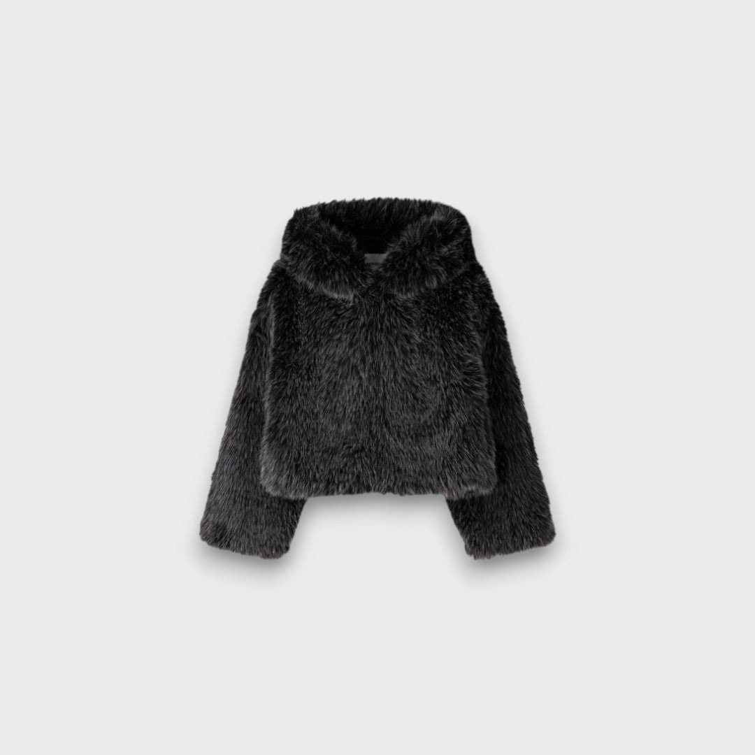 Leyana – Oversized Faux Fur Jacket with Hood in Smoke Gray