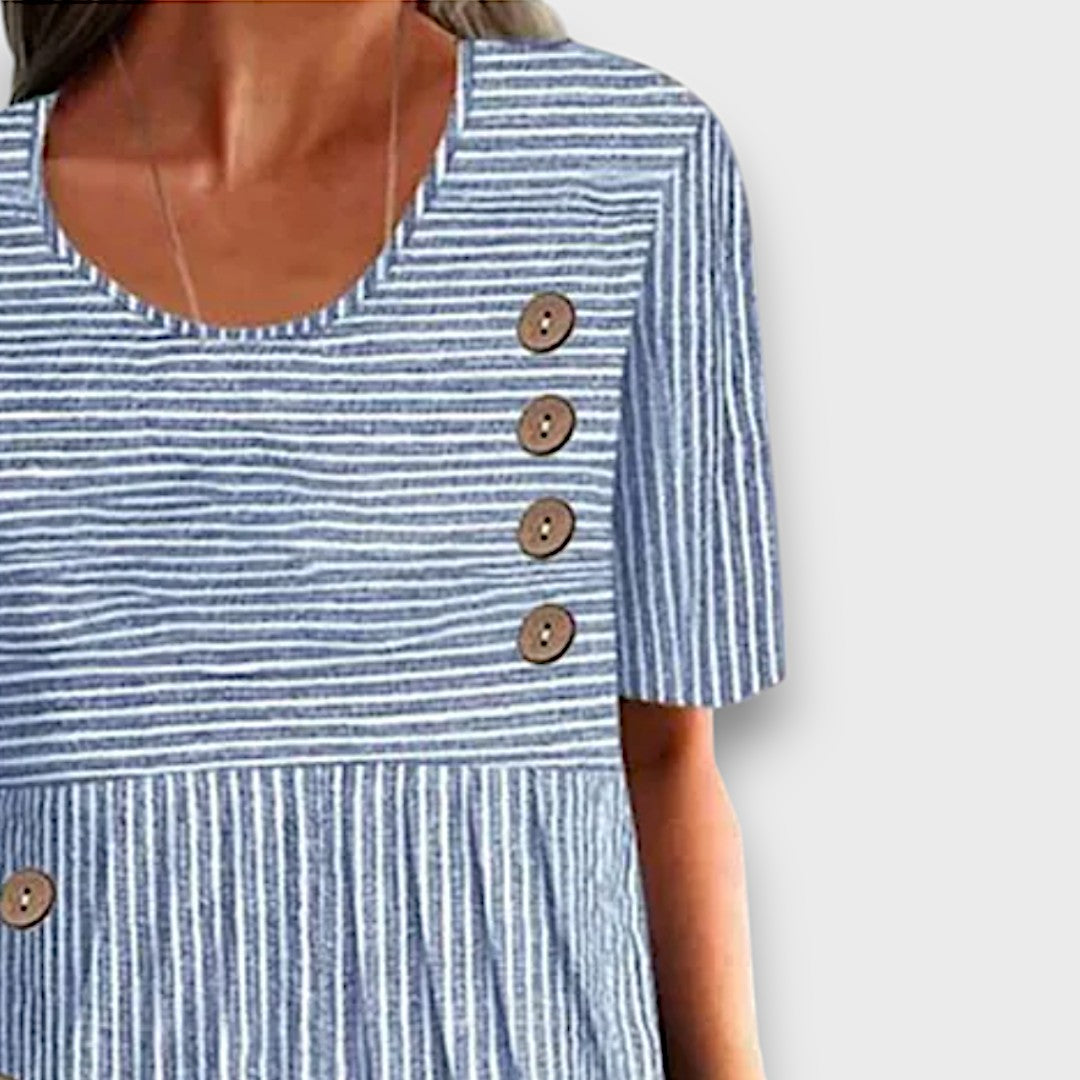 Lioraine – Striped Midi Dress with Button Details