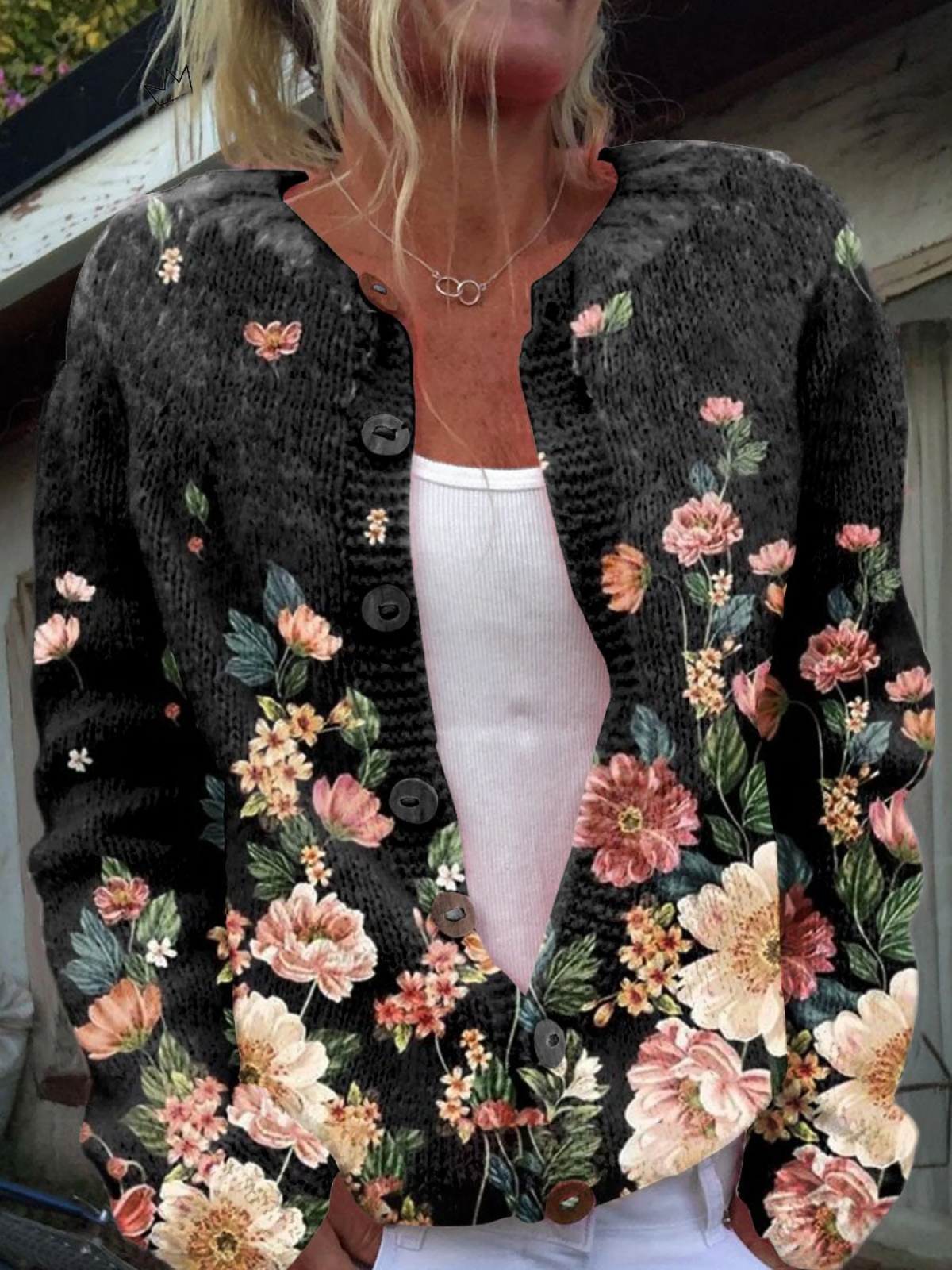 Floral Print Buttoned Casual Cardigan Sweater