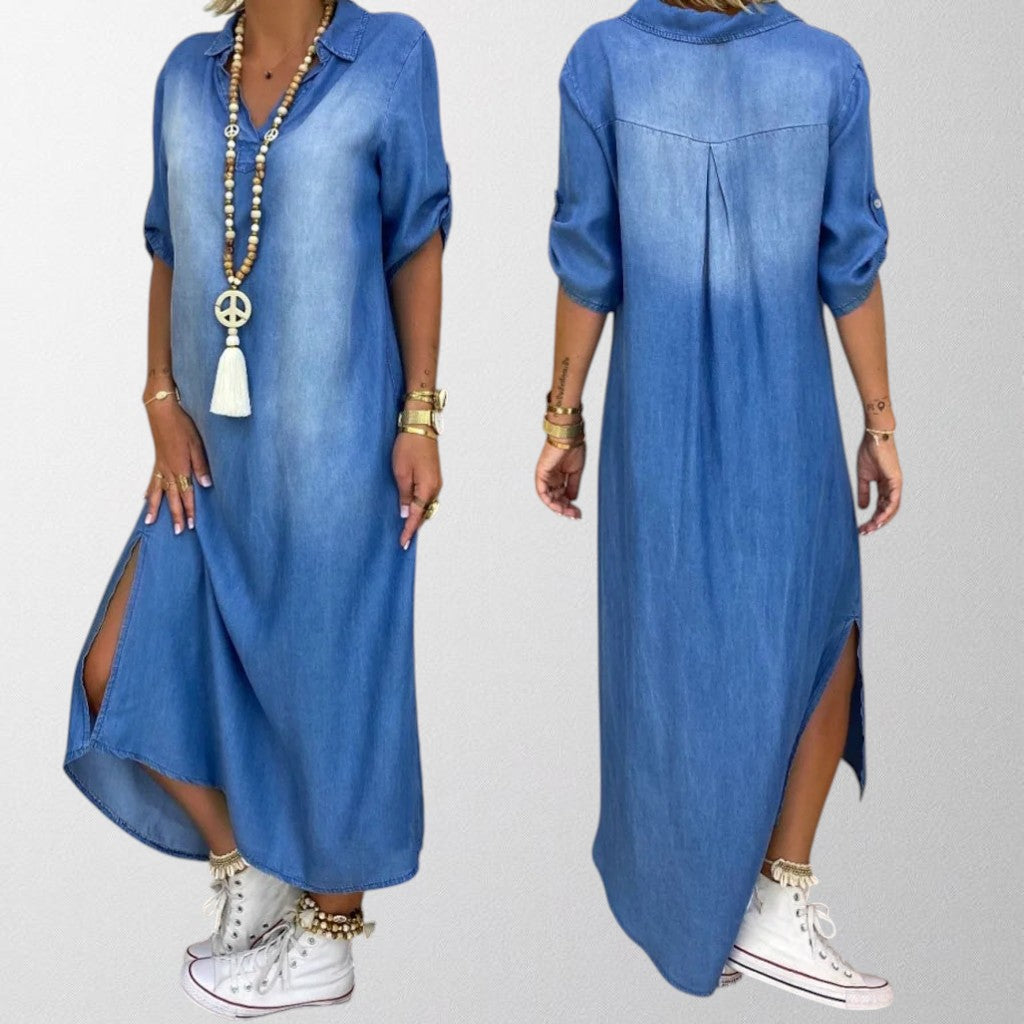 Olivia- Long dress in denim look with side slit