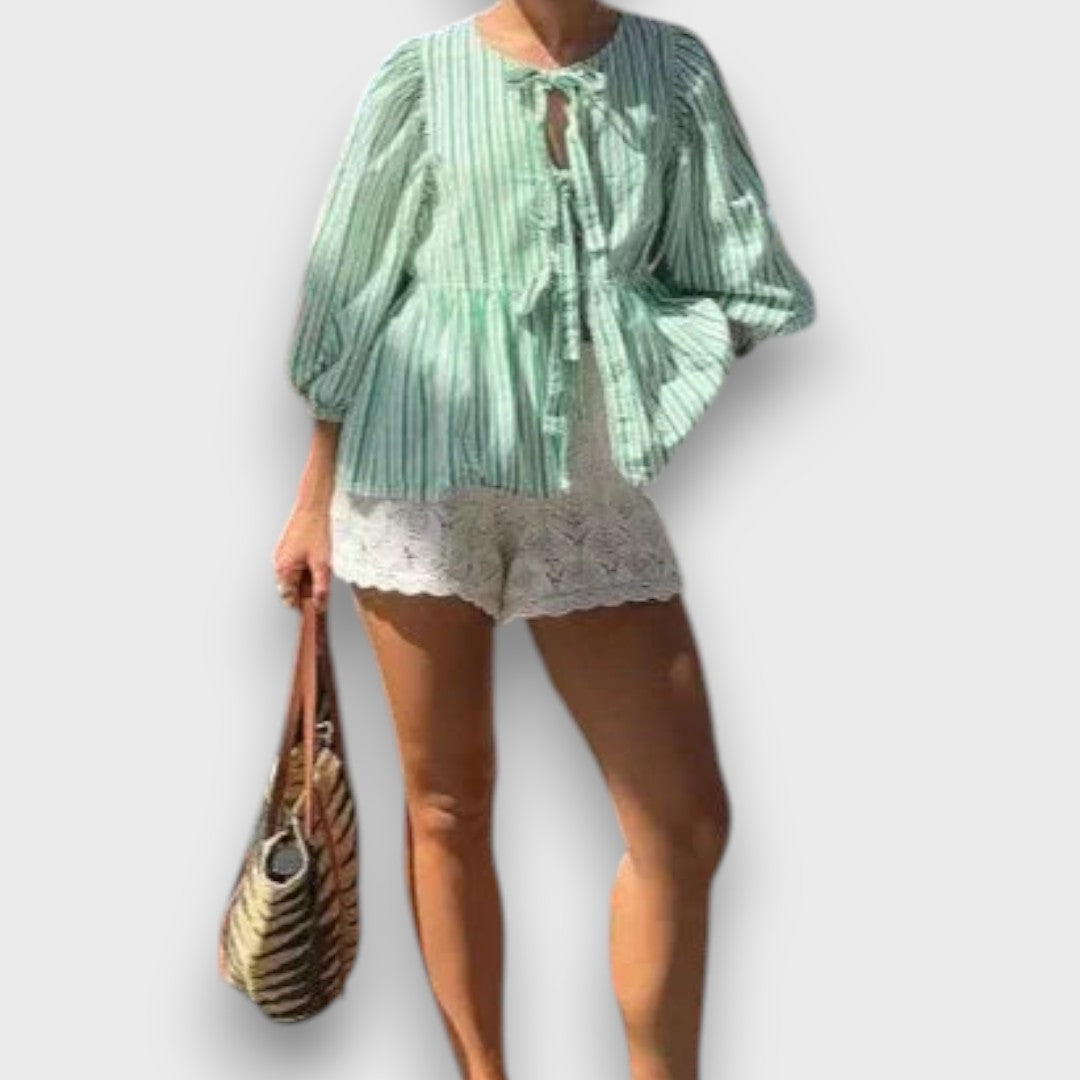 Celina – Striped Blouse with Bows and Voluminous Sleeves