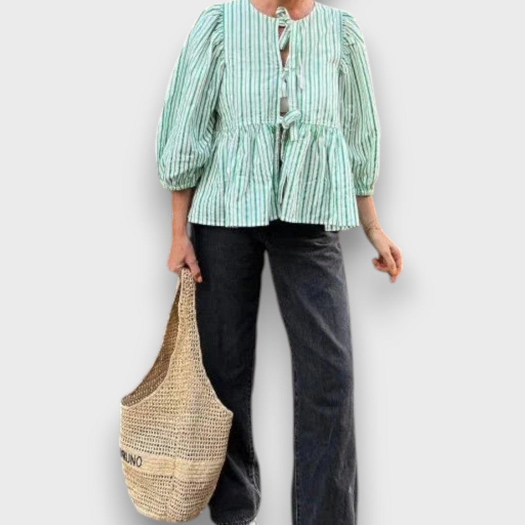 Celina – Striped Blouse with Bows and Voluminous Sleeves
