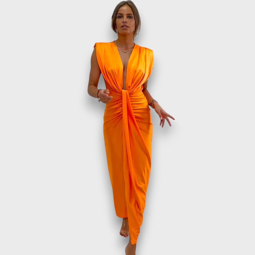 Oriane – Draped Evening Dress with Deep Neckline