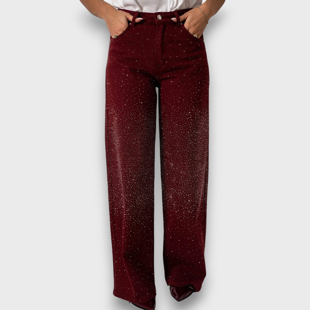 Marvie – Rhinestone-Embellished Wide-Leg Jeans in Bordeaux
