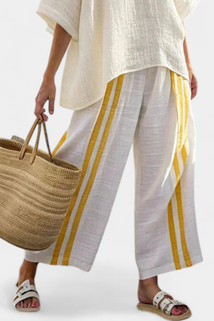 Anselor | Elegant Yellow Striped Top & Wide-Leg Pants