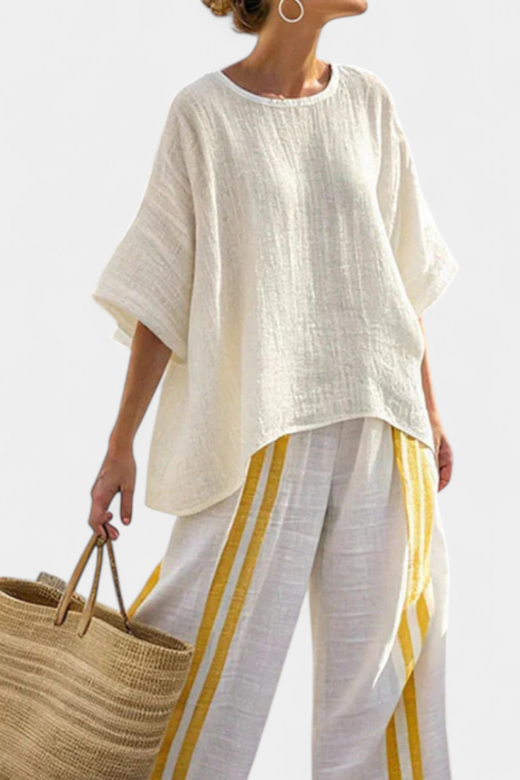 Anselor | Elegant Yellow Striped Top & Wide-Leg Pants