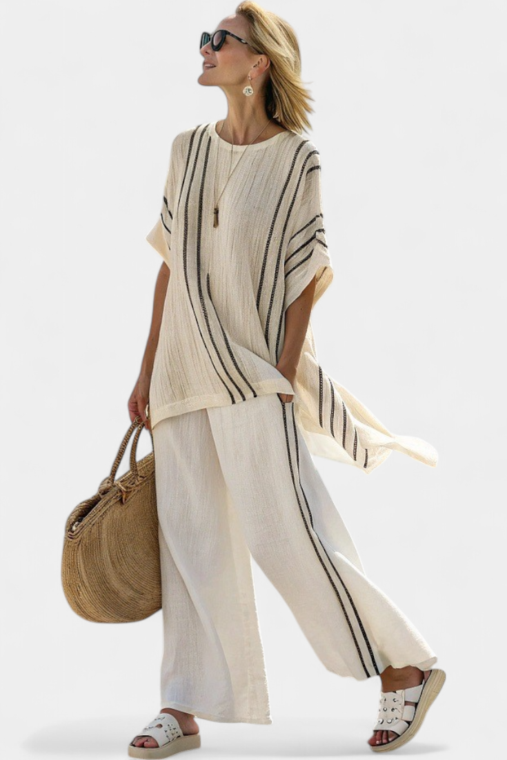 Greysen | Elegant Ivory Blouse & Black Striped Pants