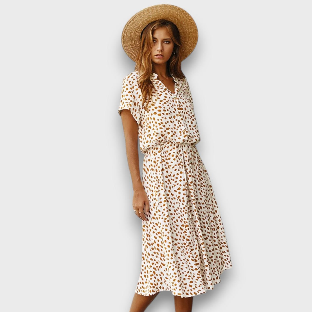 Solvinea – Buttoned Midi Dress with Vintage Print