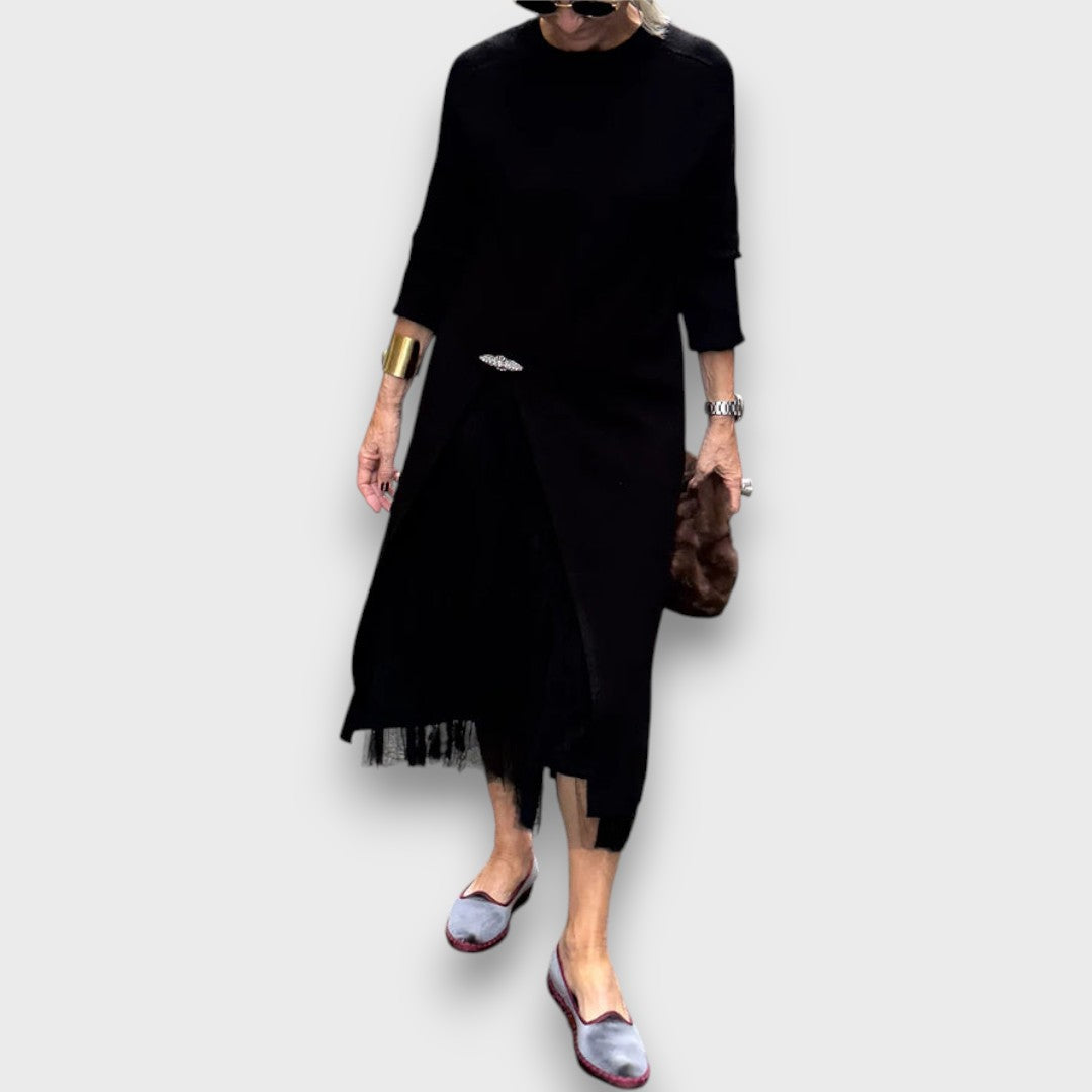 Elaira – Layered Knit & Tulle Midi Dress