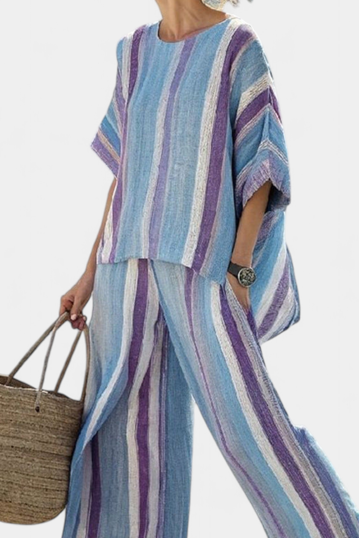 Faelith | Elegant Mauve Pastel Top & Striped Pants