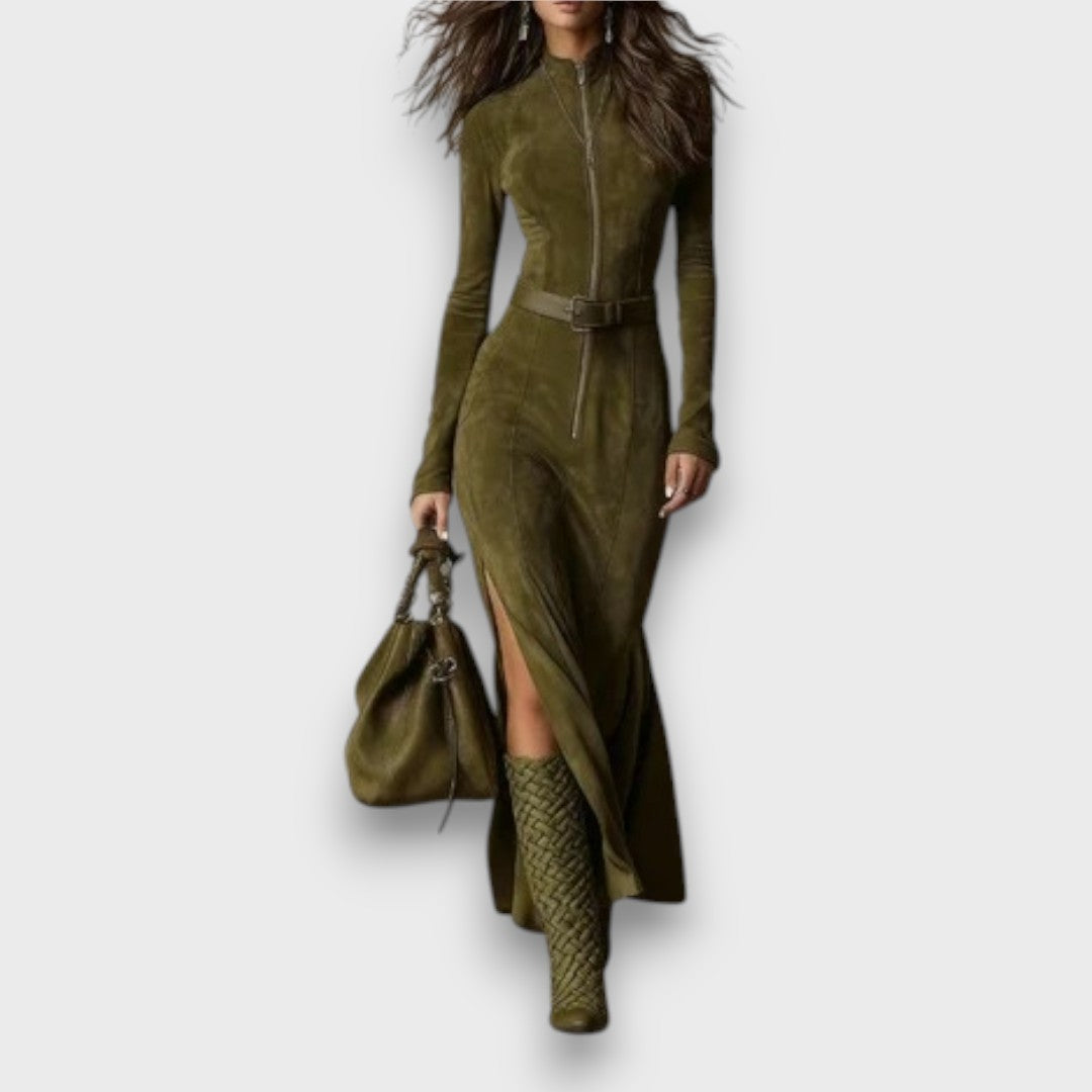 Cataelle – Vintage Suede Maxi with Belted Elegance