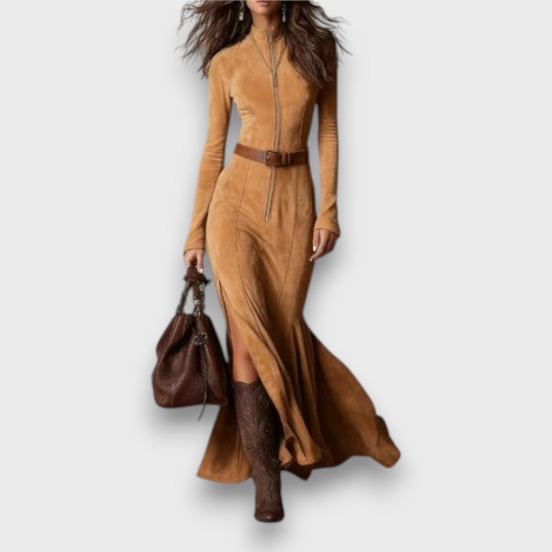 Cataelle – Vintage Suede Maxi with Belted Elegance