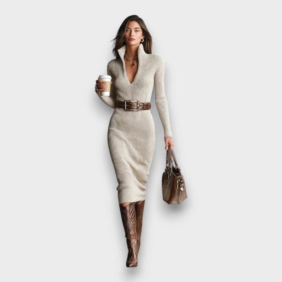 Marceline – Ribbed Half-Turtleneck Belted Midi Dress