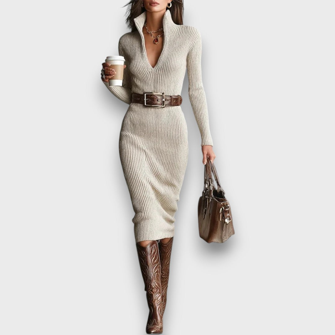 Dianelle – Knit Midi Dress with Belt and Half-Turtleneck