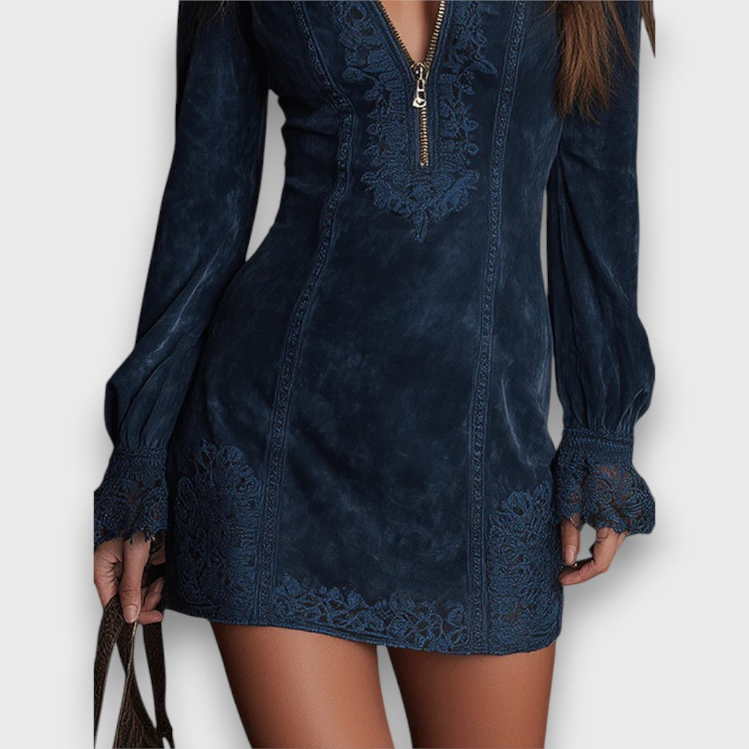 Lynara – Suede Mini Dress with Vintage Lace Detail