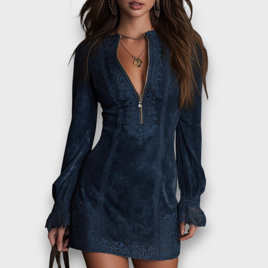 Lynara – Suede Mini Dress with Vintage Lace Detail