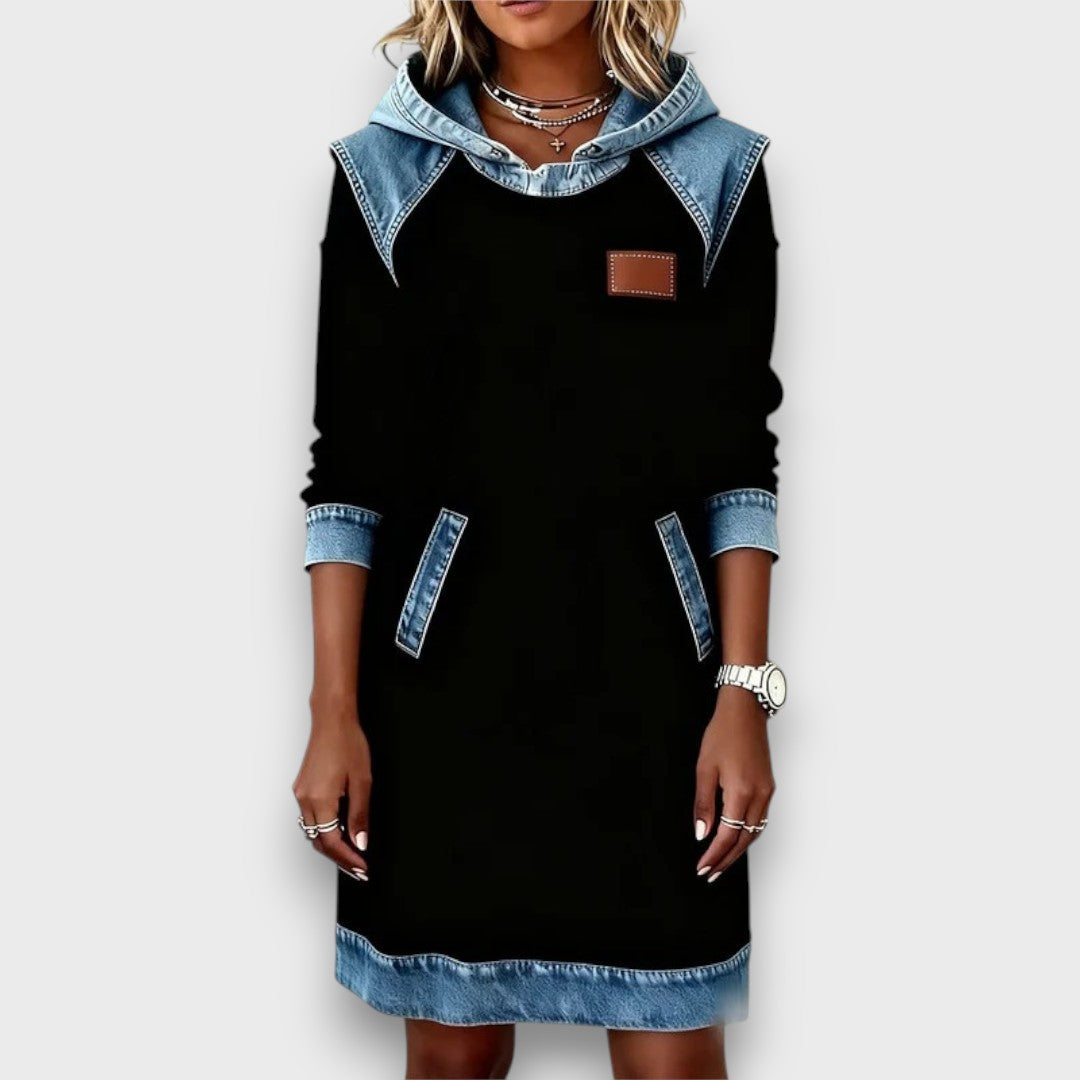 Danira – Hoodie Dress with Denim Accents