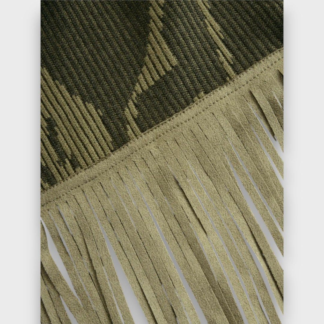 Ysolde – Olive Camo Knit Fringe Maxi Dress