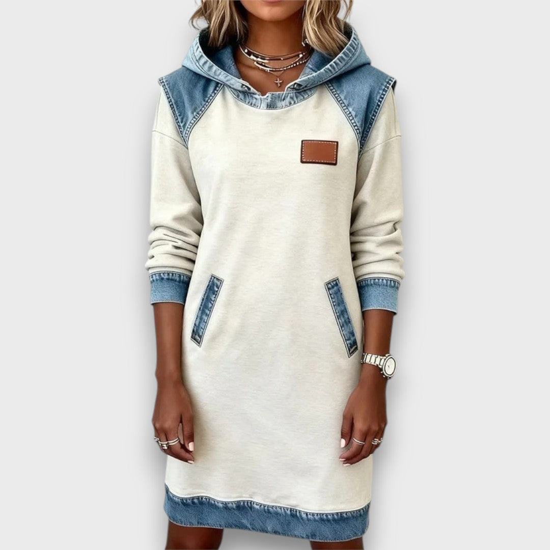 Danira – Hoodie Dress with Denim Accents