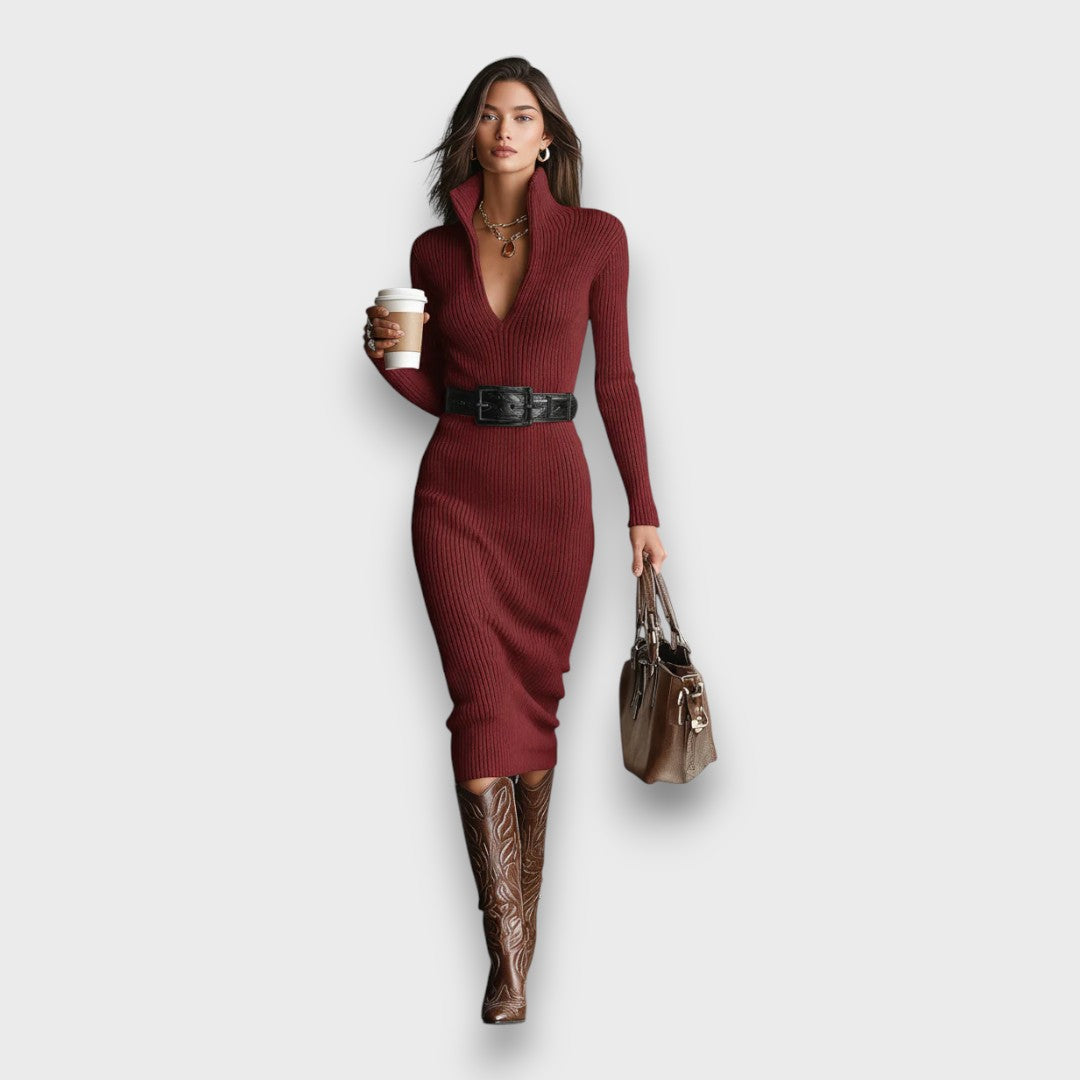 Marceline – Ribbed Half-Turtleneck Belted Midi Dress