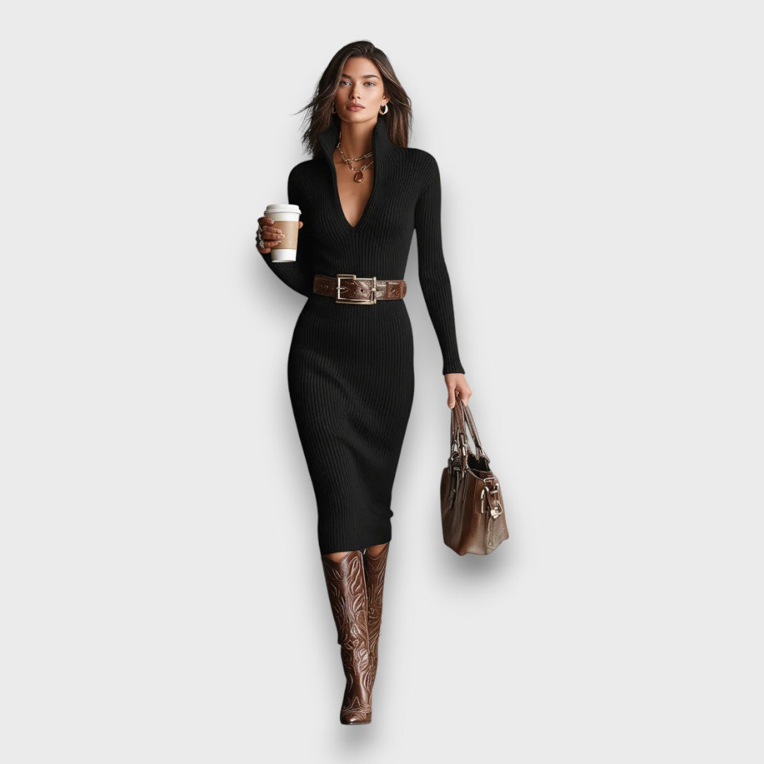 Marceline – Ribbed Half-Turtleneck Belted Midi Dress