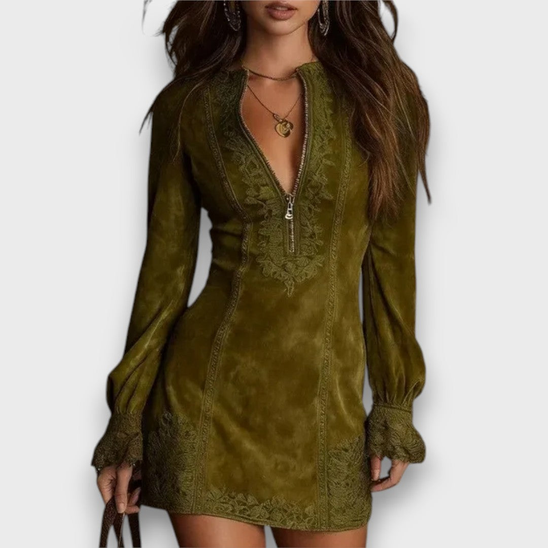 Lynara – Suede Mini Dress with Vintage Lace Detail