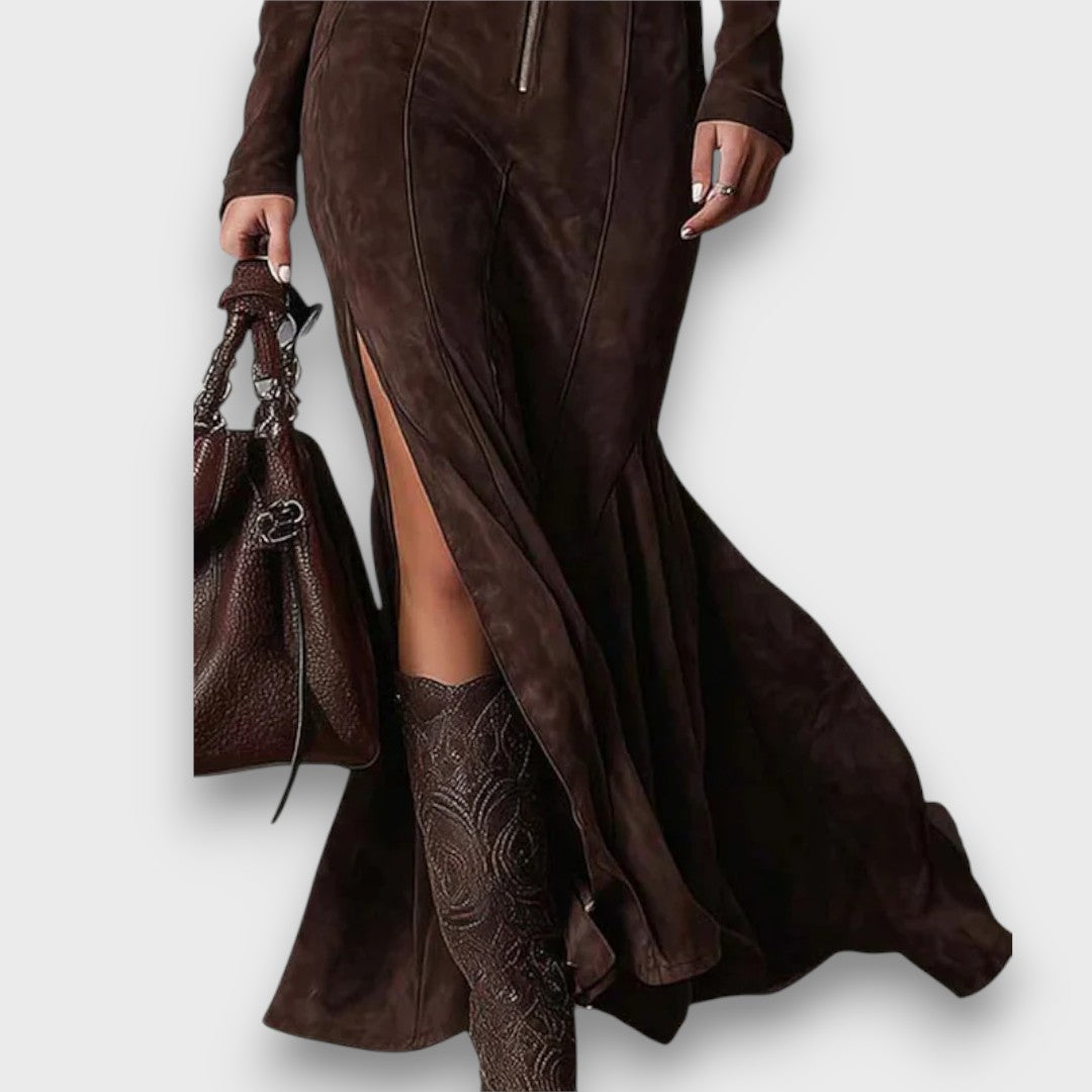 Cataelle – Vintage Suede Maxi with Belted Elegance