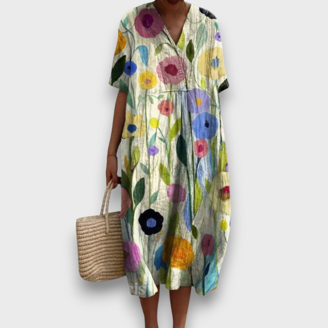 Miradie – Floral Midi Dress with V-Neck