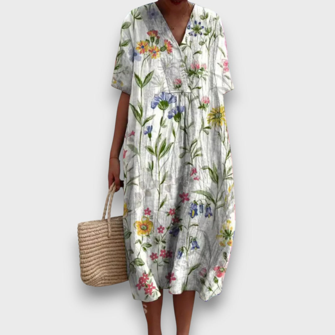 Miradie – Floral Midi Dress with V-Neck