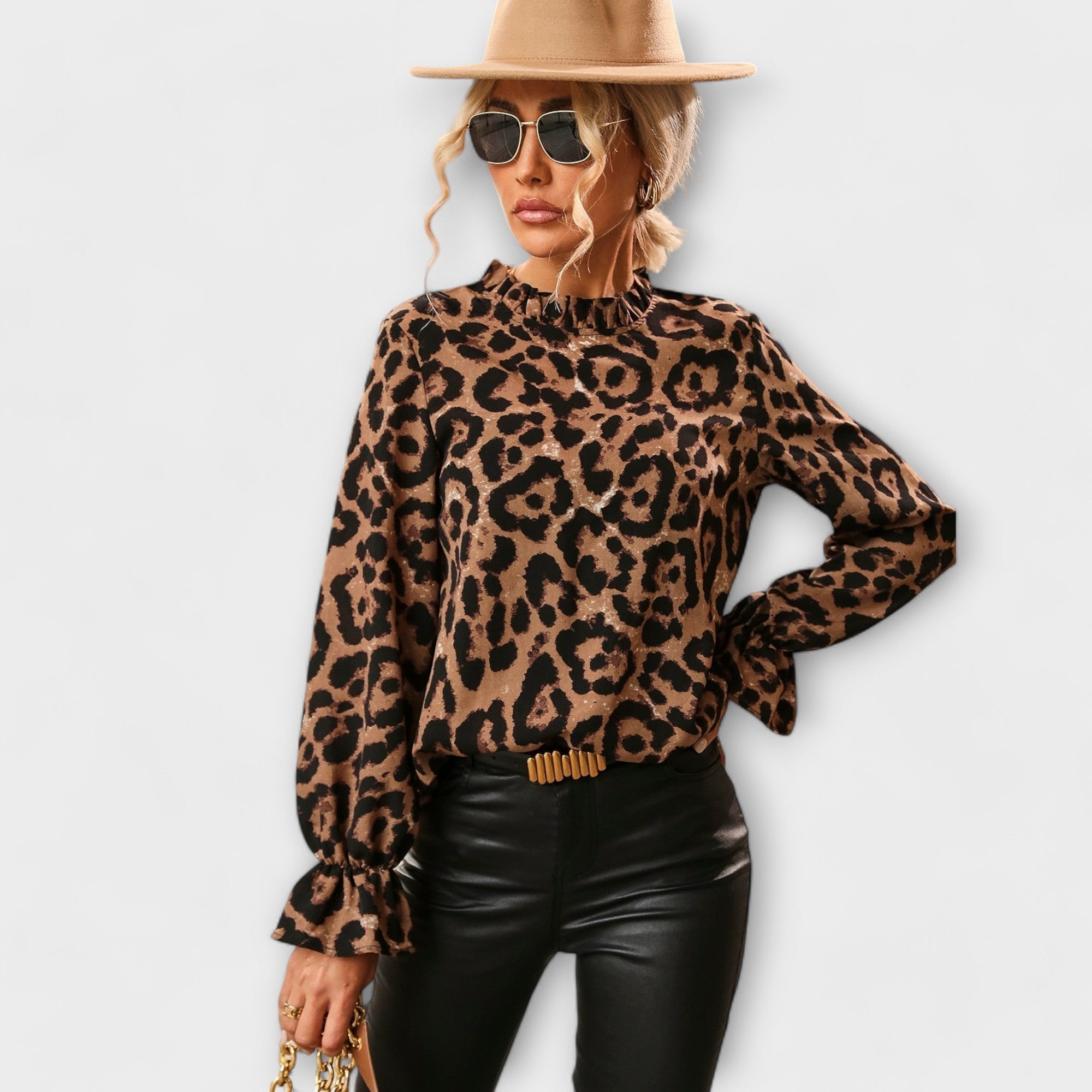 Kayla - Leopard Print Blouse with Pleated Collar