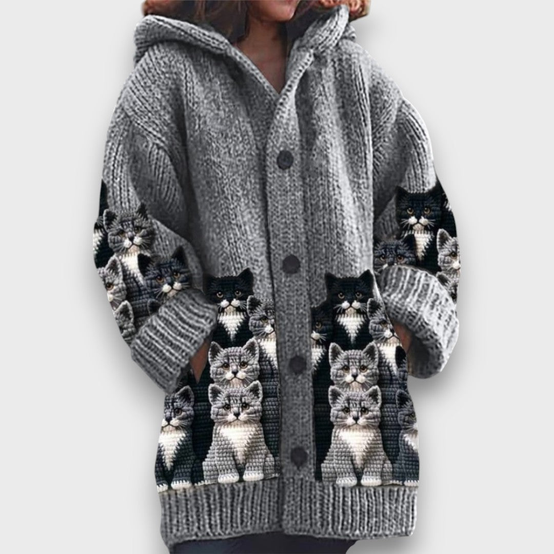 Jaselle - Cozy Knit Cat Print Cardigan