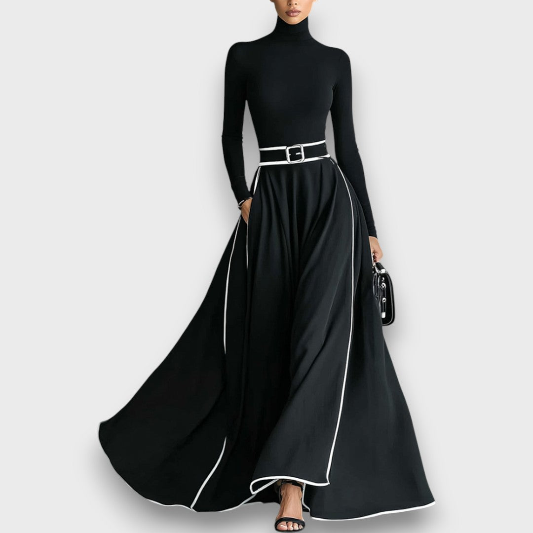 Marceline – Black Maxi Dress with White Stitching