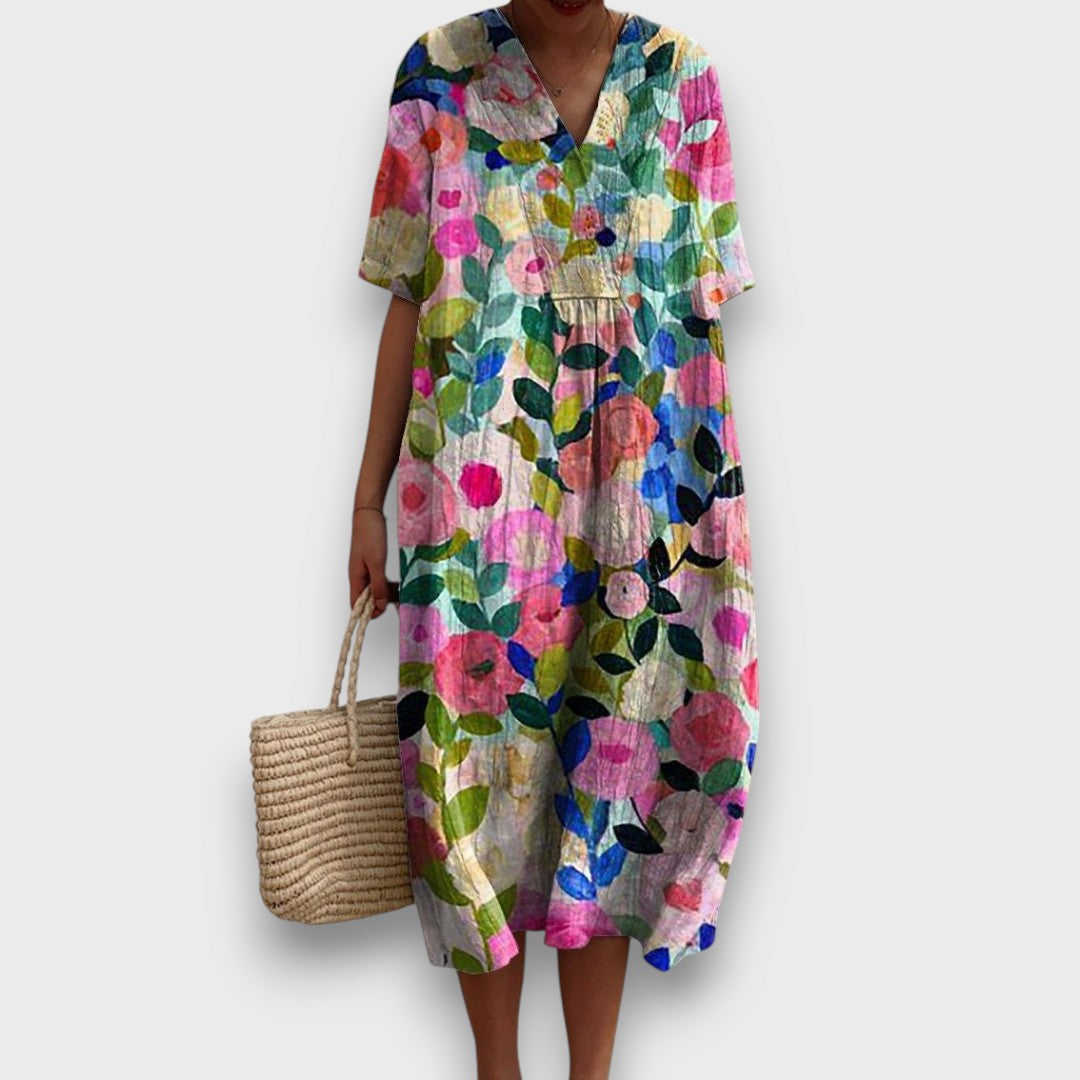 Miradie – Floral Midi Dress with V-Neck