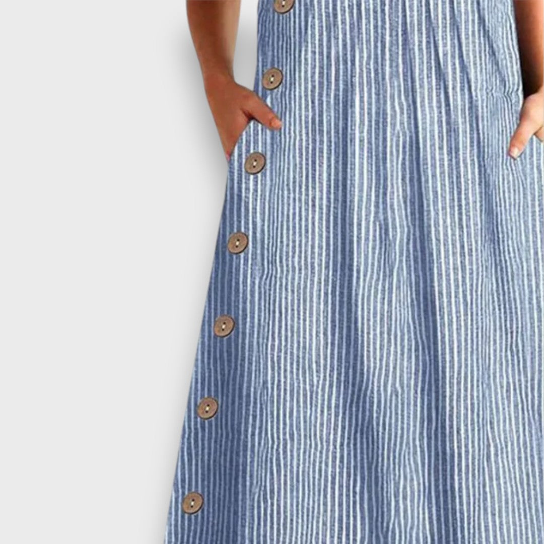 Lioraine – Striped Midi Dress with Button Details