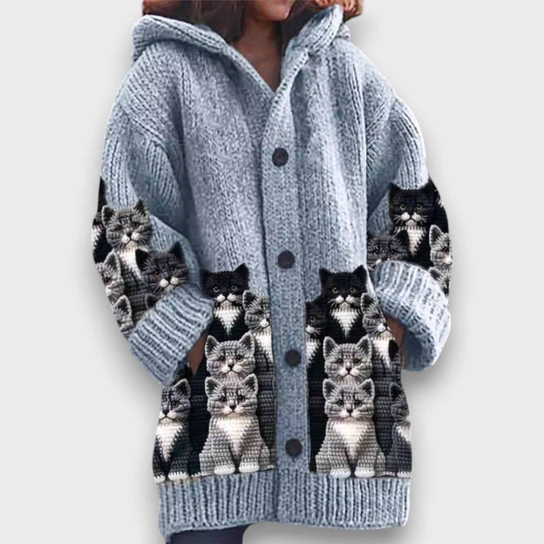 Jaselle - Cozy Knit Cat Print Cardigan