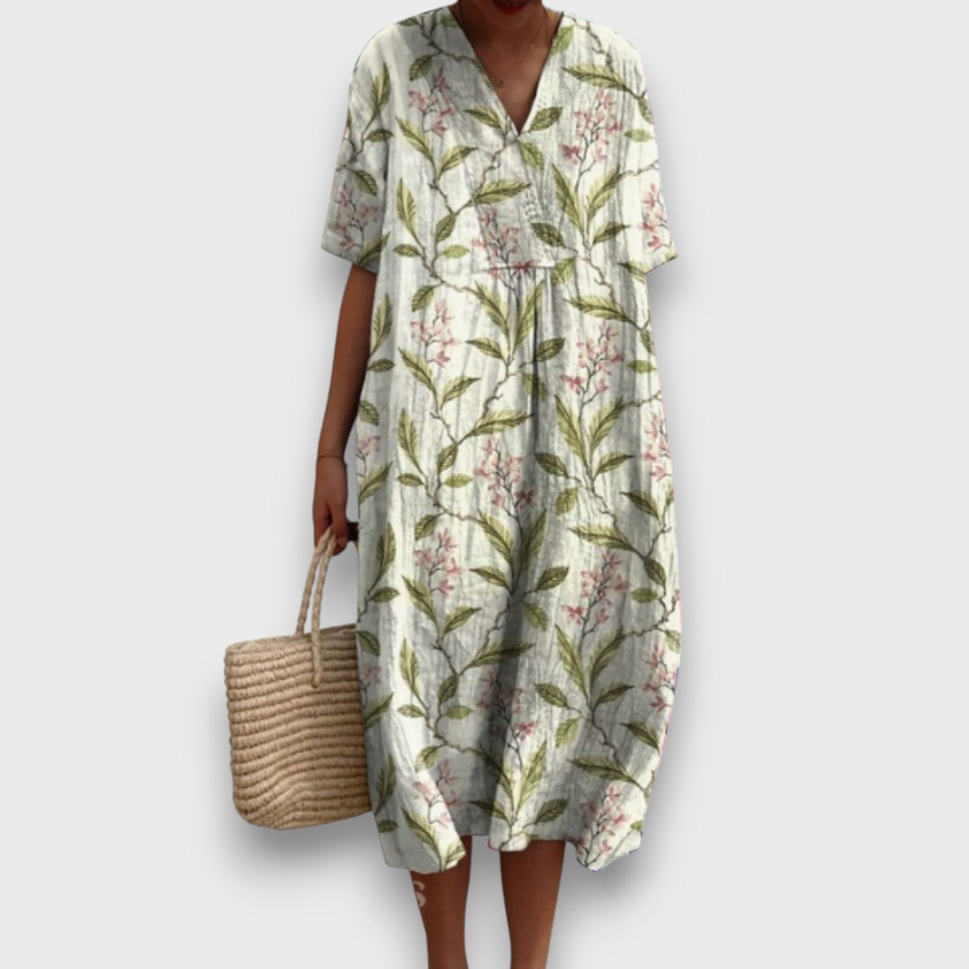 Miradie – Floral Midi Dress with V-Neck