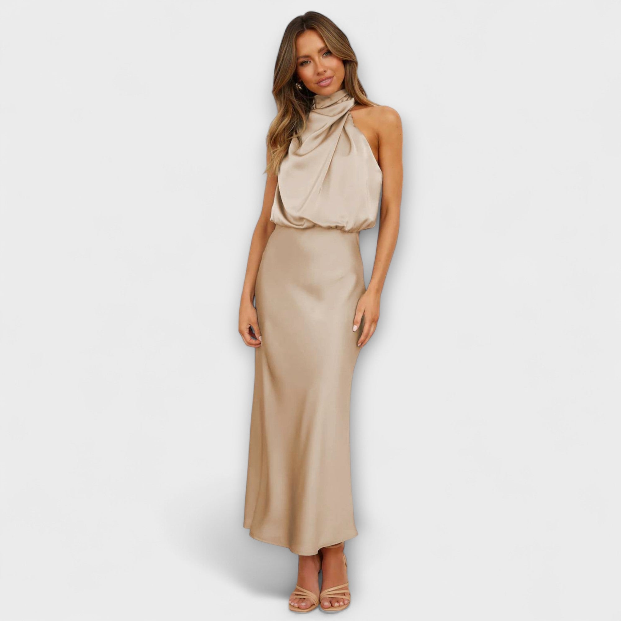 Sienna – Satin Dress with Draping and Halter Neck