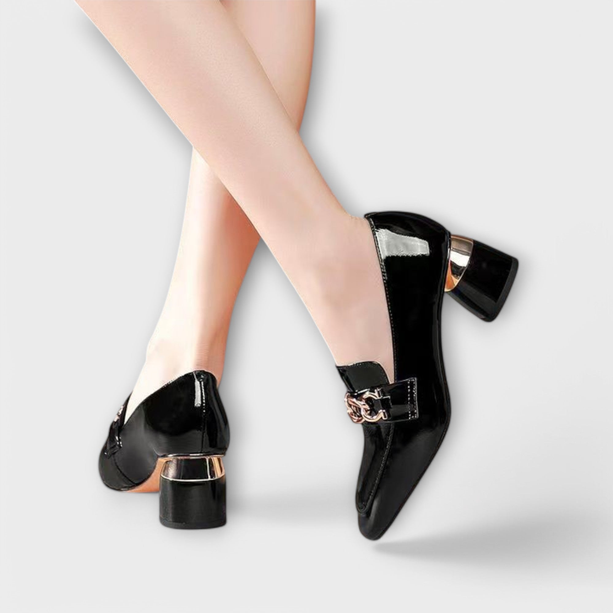 Lysanne – Patent Leather Loafer with Metallic Heel and Chain Detail