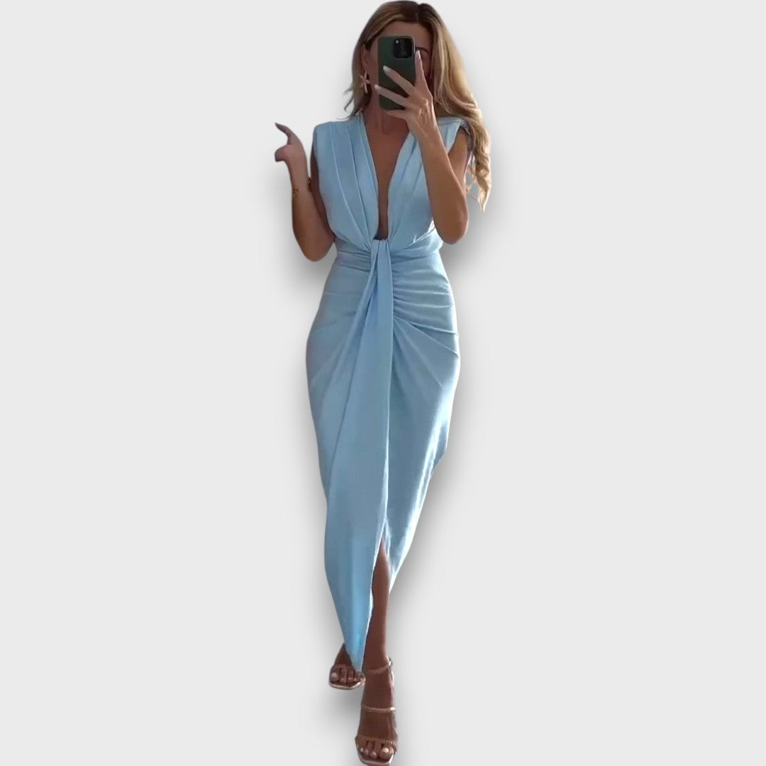 Oriane – Draped Evening Dress with Deep Neckline