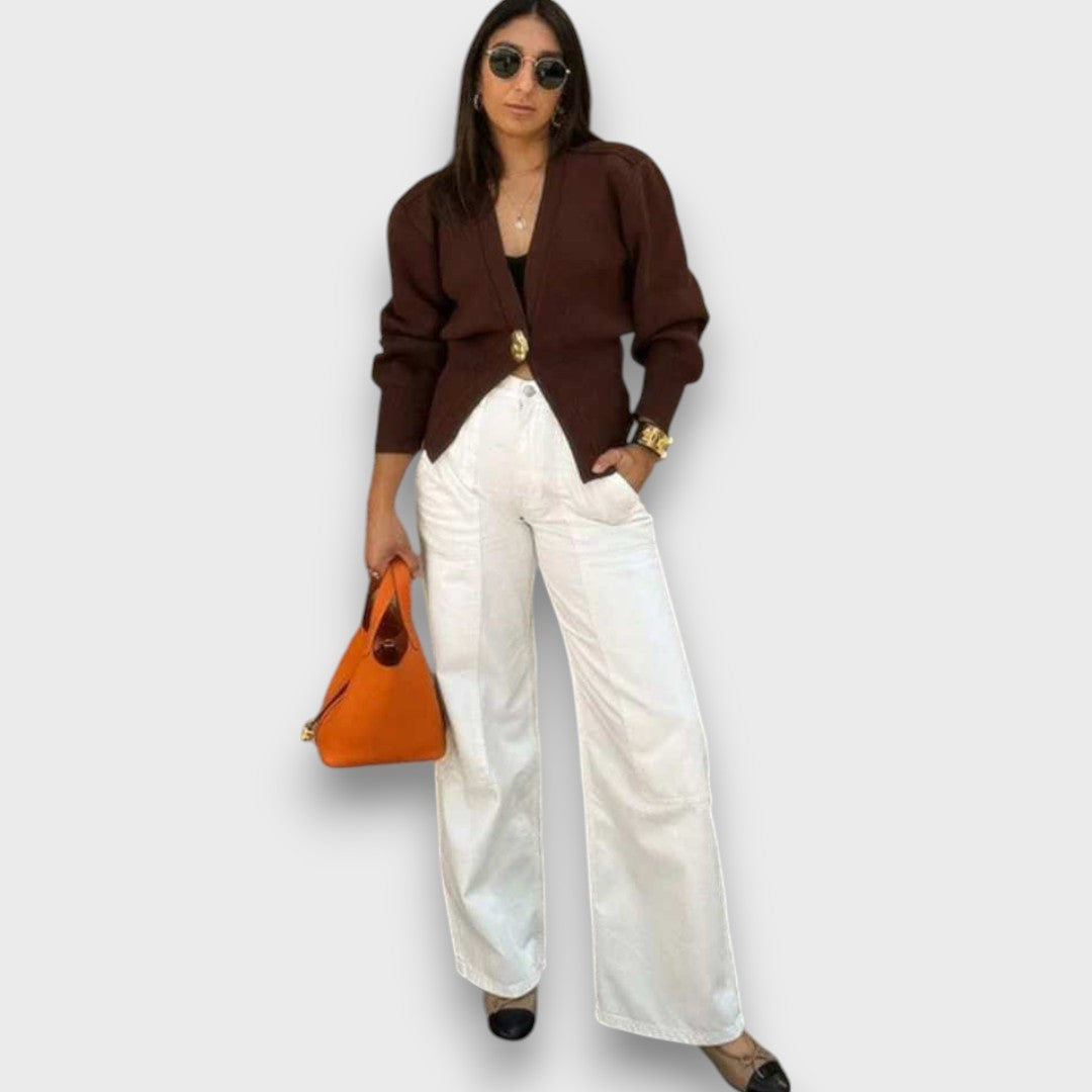 Enea – Deep V-Neck Cardigan with Gold Button