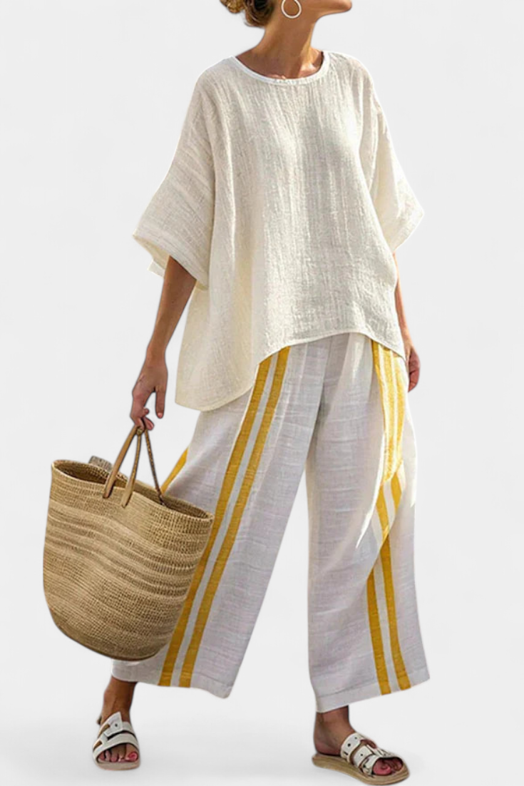 Anselor | Elegant Yellow Striped Top & Wide-Leg Pants