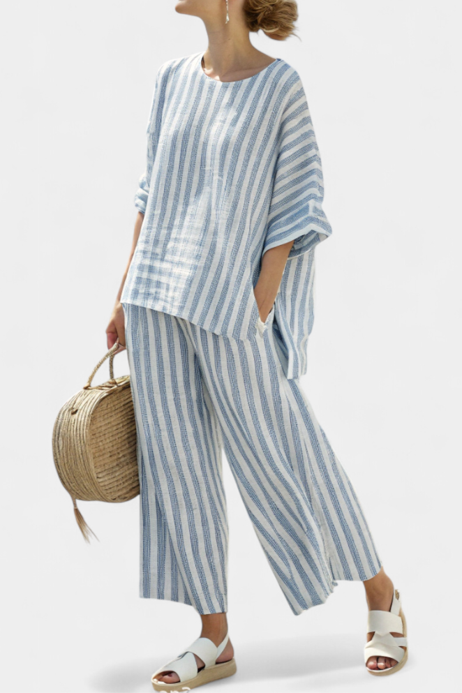 Rensleigh | Sophisticated Blue Striped Top & Relaxed Pants