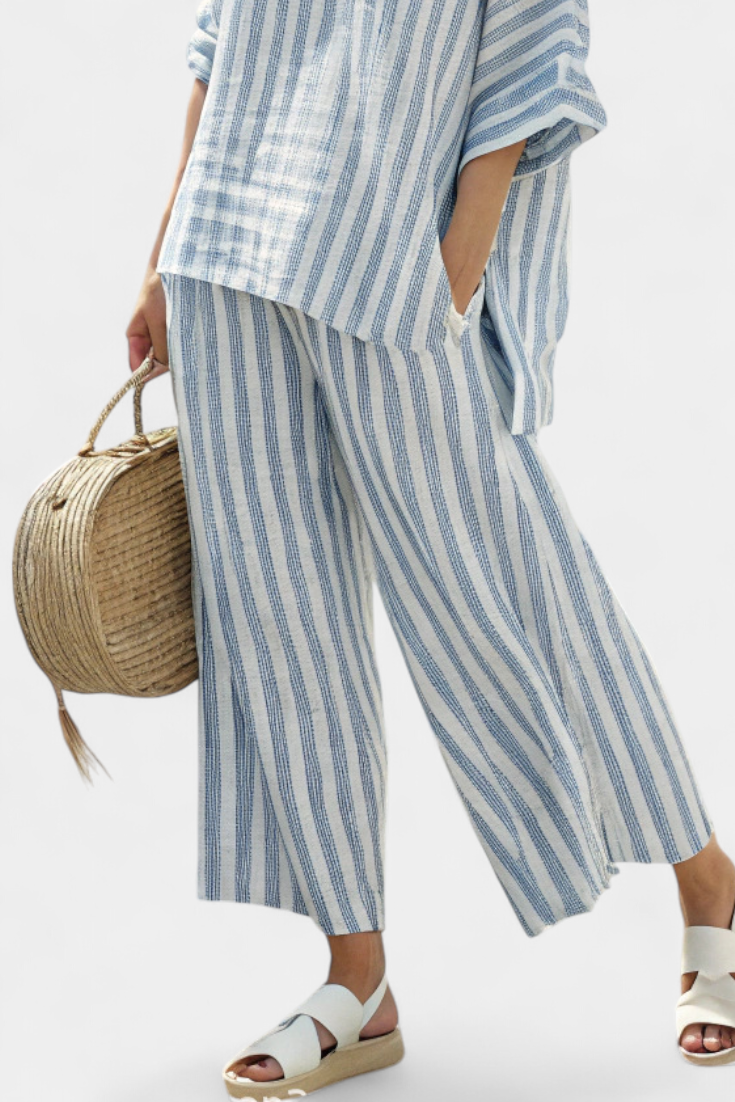 Rensleigh | Sophisticated Blue Striped Top & Relaxed Pants