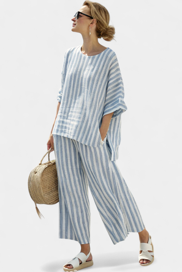 Rensleigh | Sophisticated Blue Striped Top & Relaxed Pants