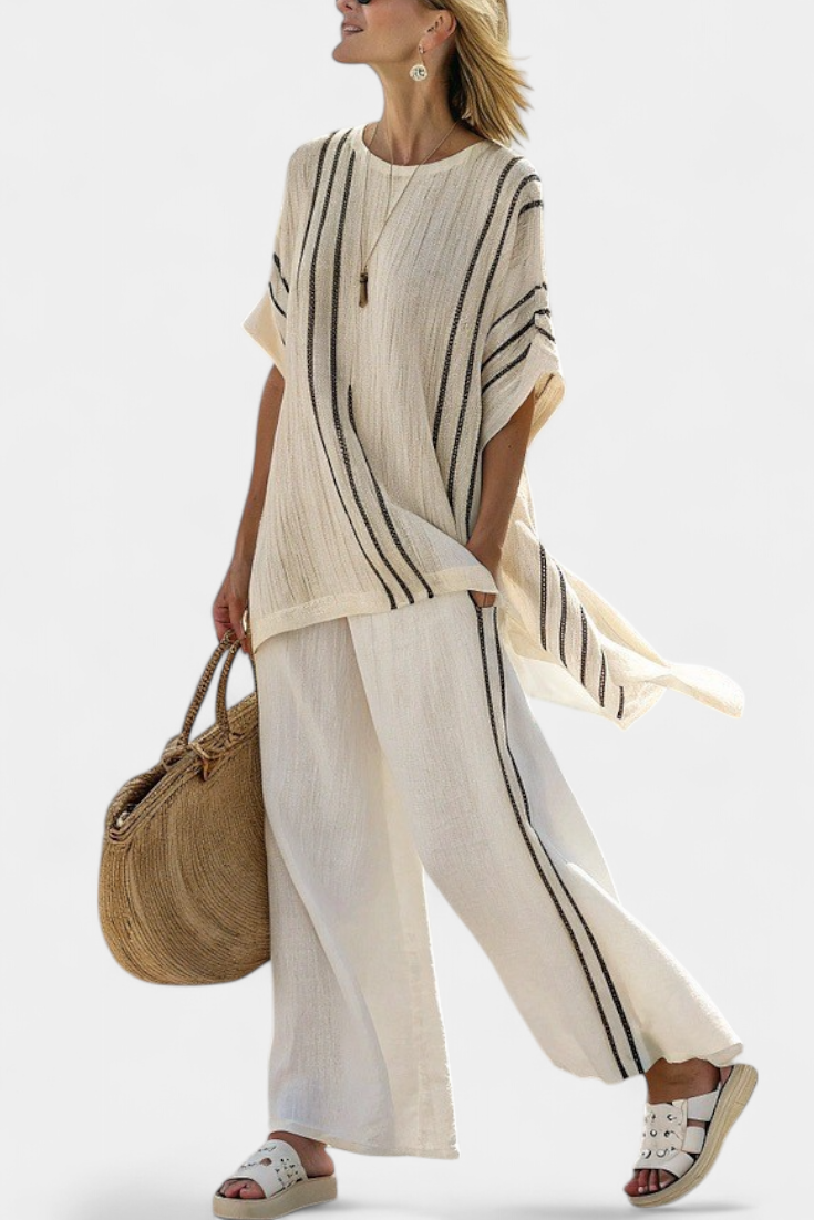 Greysen | Elegant Ivory Blouse & Black Striped Pants