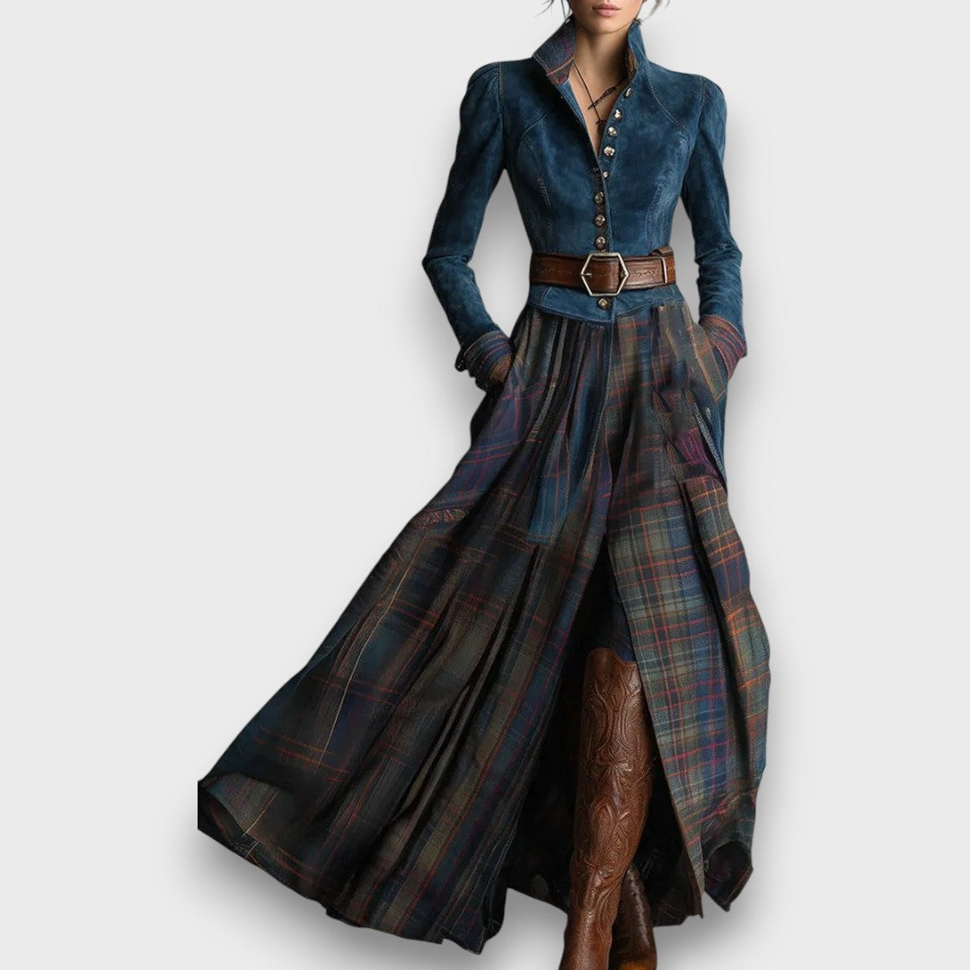 Edurena – Vintage Suede and Plaid Maxi Dress