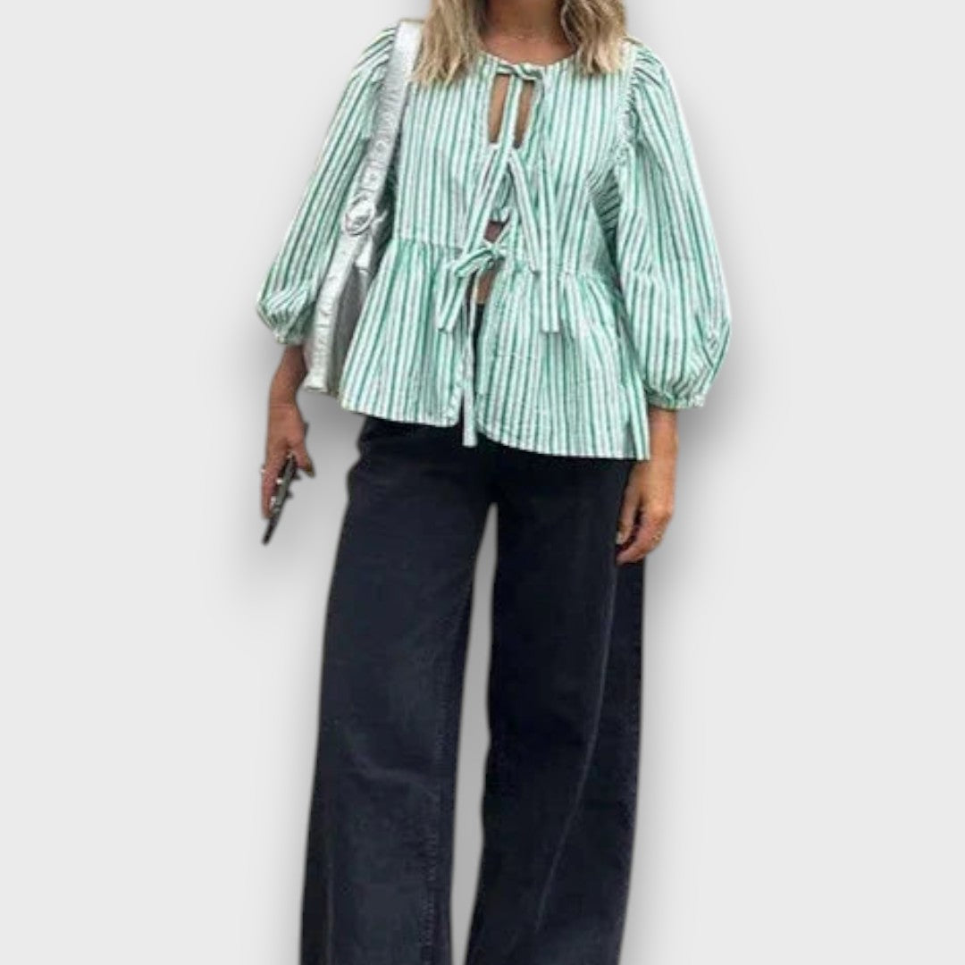 Celina – Striped Blouse with Bows and Voluminous Sleeves