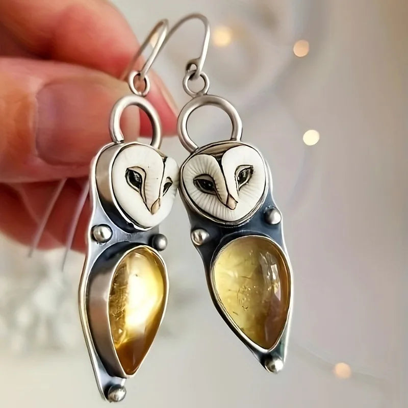 Orelia – Owl Drop Earrings with Warm Stone Glow