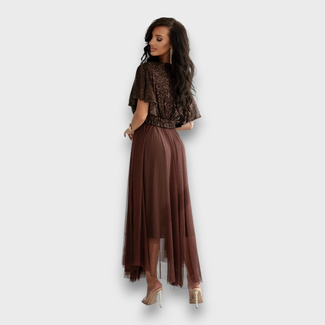 Maristelle – Wrap Gown with Flowing Mesh Skirt