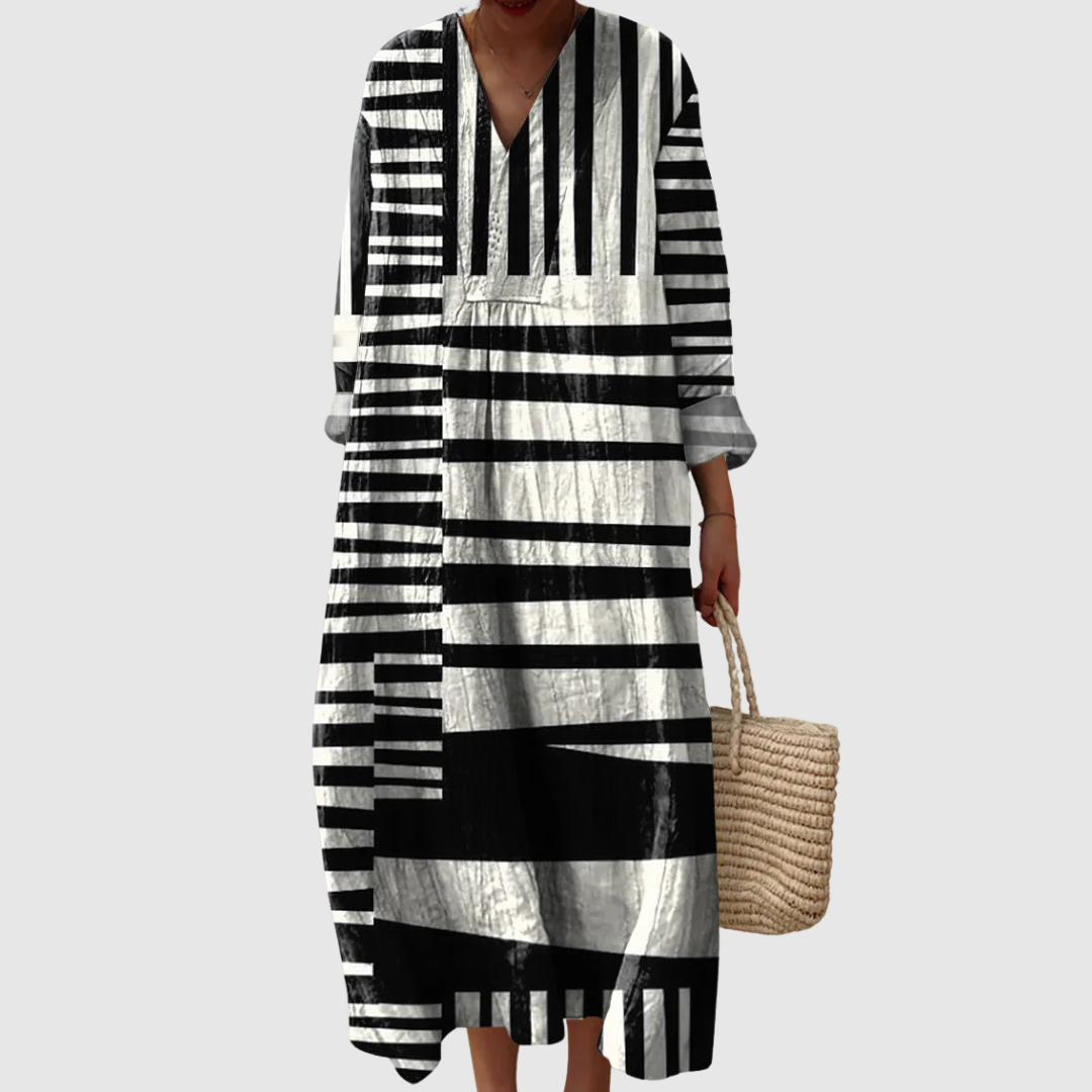 Malia | Monochrome Art Stripe Maxi Dress